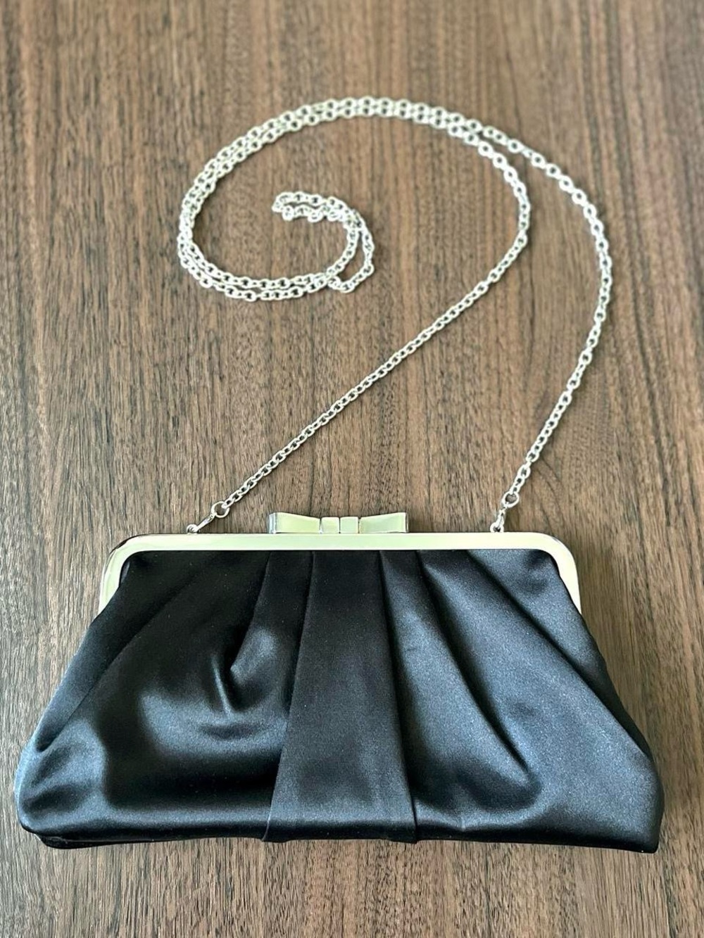 Charming Charlie Black Satin Clutch with Silver Chain